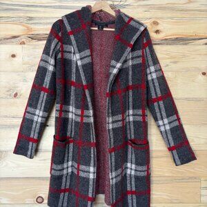 NWT Tahari Open Front Thick Chunky Knit Plaid Hooded Hoodie Cardigan Sweater
